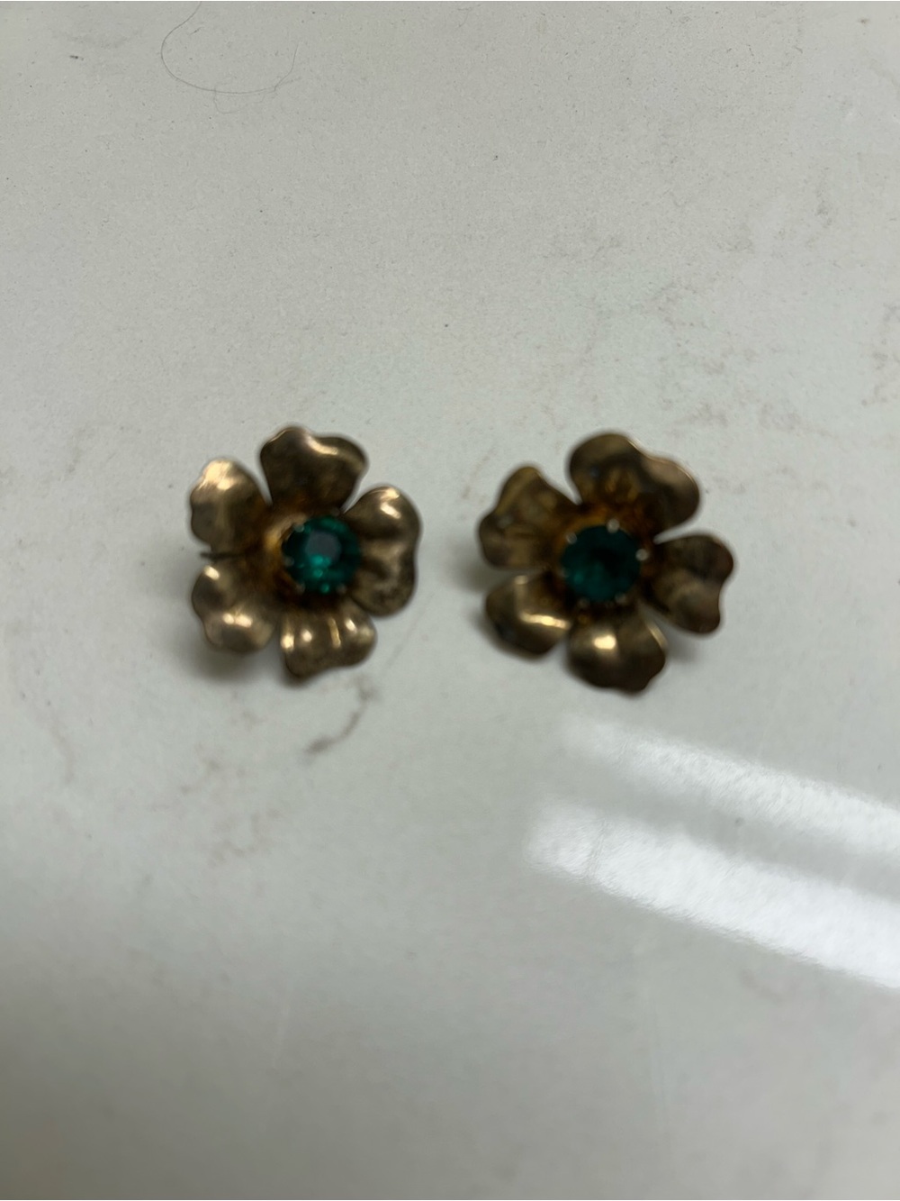 Gold Flower Stud Earrings with Emerald Green Center